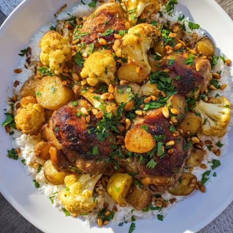 Golden-fried cauliflower and spiced rice are featured in this beautiful Palestinian Maklouba dish.