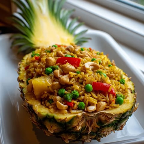 Colorful pineapple fried rice in a carved pineapple shell, garnished with fresh cilantro, cashews, and lime wedges for a vibrant tropical main dish.