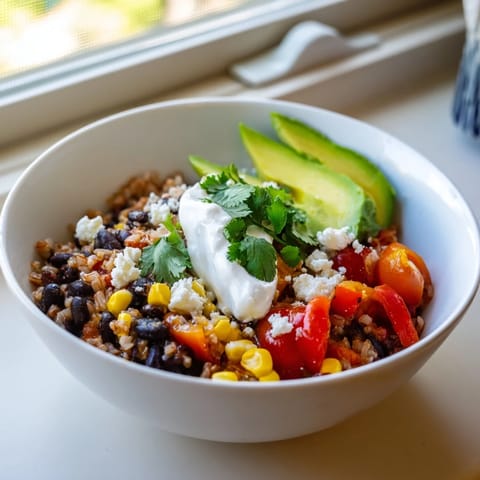 A wholesome Brown Rice Burrito Bowl features vibrant corn, cherry tomatoes, and red onion, finished with a dollop of sour cream and crumbled queso fresco.  