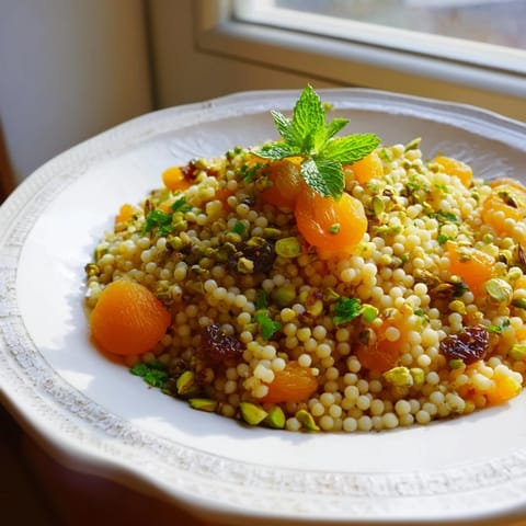 Savory couscous pilaf served warm in a bowl, showcasing golden raisins, diced apricots, and vibrant herbs, perfect for weeknight dinners.