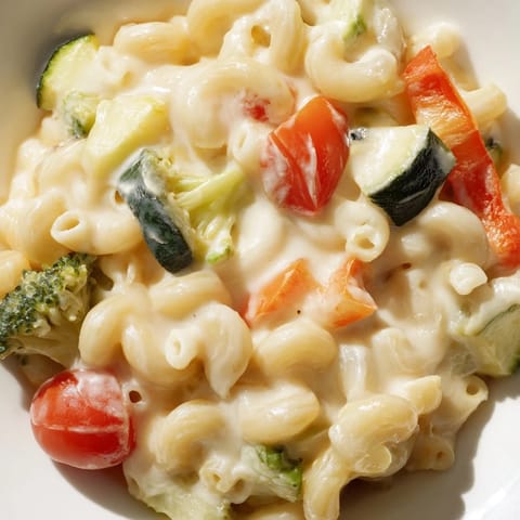 A hearty bowl of Roasted Veggie Mac & Cheese with tender zucchini and onion roasted until caramelized and sweet.