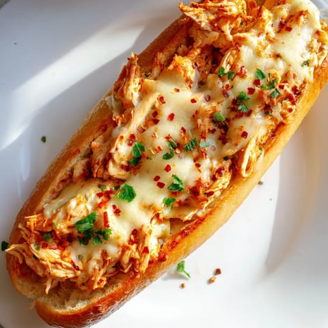 Freshly baked chicken Parm stuffed garlic bread, sliced to reveal layers of tender chicken and melted cheese inside.