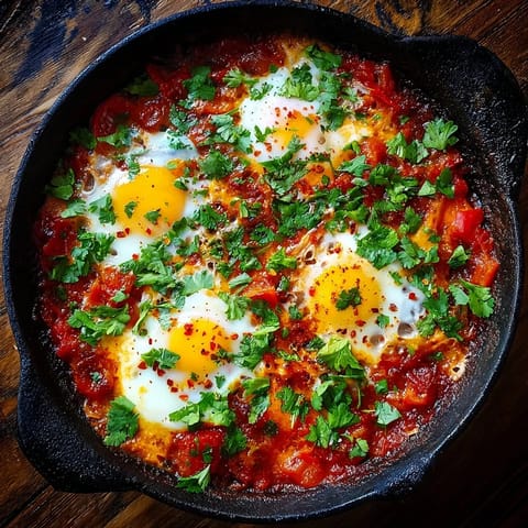 A vibrant skillet of homemade Shakshuka features poached eggs nestled in a rich, spiced tomato sauce, garnished with fresh herbs.