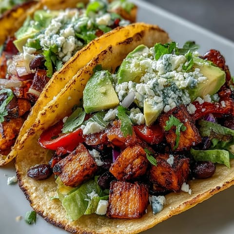 Vibrant black bean and sweet potato tacos piled high with fresh, colorful toppings.