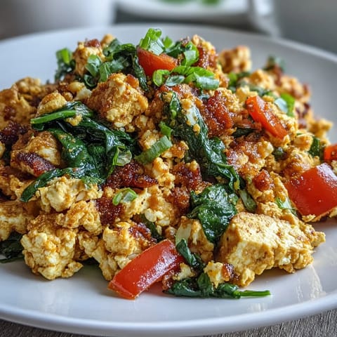 Golden tofu scramble with diced red bell pepper, spinach, and diced tomato sautéed in spices.