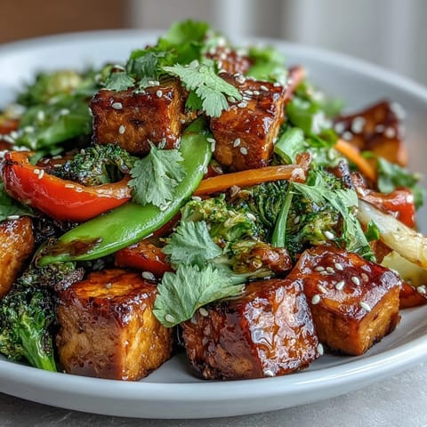 Vibrant vegetable tempeh stir-fry, bursting with color and savory sauce.