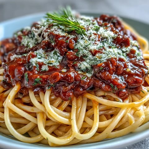 Hearty Lentil Bolognese, rich and savory, served over perfect spaghetti.