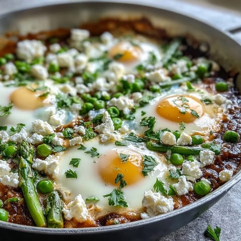 Colorful vegetarian Pea and Broad Bean Shakshuka topped with crumbled feta and herbs, served warm in a skillet for sharing.