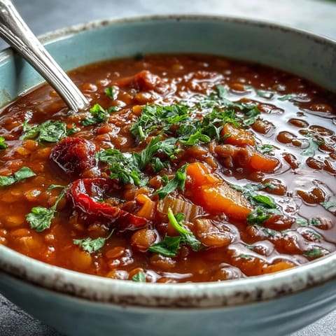 Spoon dipping into rich Tomato Lentil Soup, revealing tender lentils and diced vegetables in a savory tomato broth.