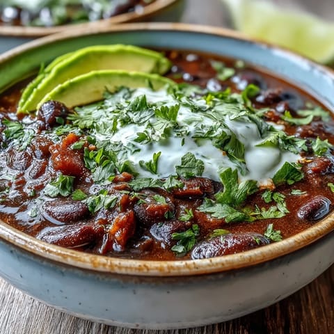 A steaming pot of Black Bean Soup simmering on the stove, featuring a rich, dark texture with hints of smoked paprika.