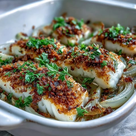 Flaky white fish with a golden, savory breadcrumb and walnut crust, served hot from the oven.  