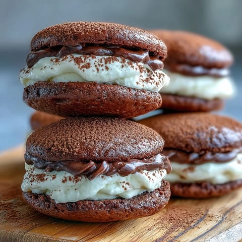 A close-up of Tiramisu Whoopie Pies reveals creamy layers between soft chocolate cookie halves.