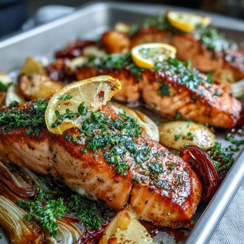 Golden-brown roasted salmon fillets nestled among tender leeks and red onion wedges, glistening with fresh parsley dressing.  