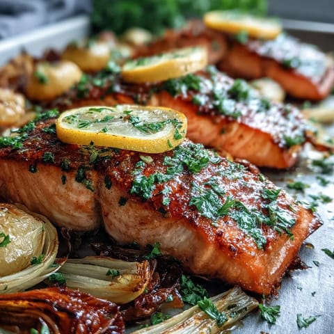 Flaky, gluten-free One-Pan Roast Salmon with leeks, onions, and vibrant zesty parsley dressing for a healthy weeknight meal.  