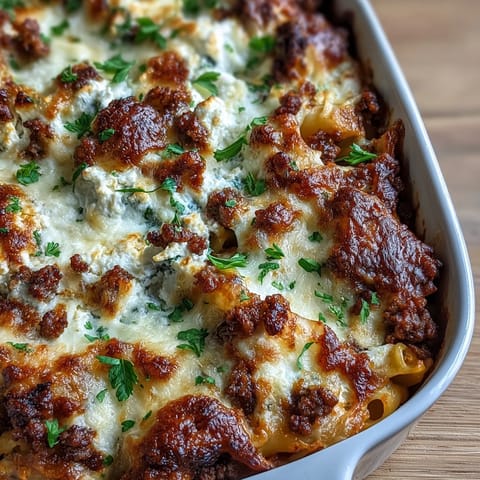 Golden, bubbling mozzarella tops a 9x13 dish of Cottage Cheese Protein Pasta Bake with Ground Beef, served with fresh basil.