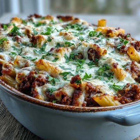 A close-up shows the hearty Cottage Cheese Protein Pasta Bake with Ground Beef, revealing creamy texture and rich red sauce.