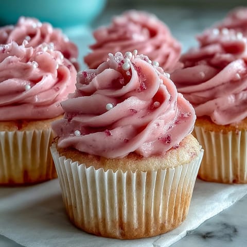 Moist, blush-pink cupcakes swirled with creamy vanilla buttercream, ready for a celebration dessert platter.