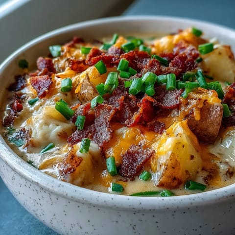 A warm bowl of Loaded Potato Soup topped with crispy bacon, shredded cheddar, and fresh green onions.