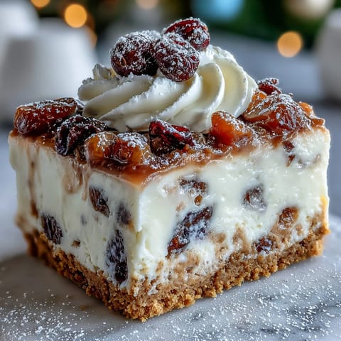 Freshly baked Christmas Cheesecake Slab squares on a wooden board with whipped cream swirls, dusted with powdered sugar.
