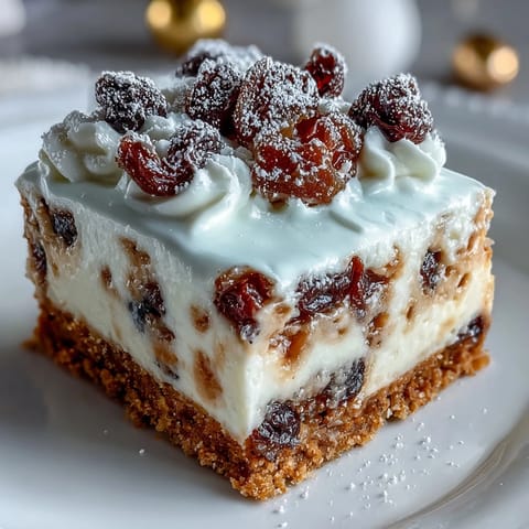 A close-up slice of Christmas Cheesecake Slab reveals spiced cream cheese filling packed with dried fruits and buttery biscuit crust.