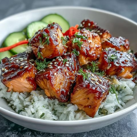 Freshly sliced avocado, shredded carrots, and green onions top this savory baked salmon rice bowl.