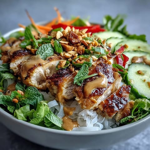 Freshly prepared Rice Paper Roll Bowl featuring silky rice paper shards, crisp julienned carrots and cucumber, and grilled chicken tossed in a creamy peanut sauce.