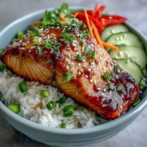 Freshly baked salmon glazed with sweet soy and ginger sits atop a vibrant bowl of rice, edamame, and colorful veggies.