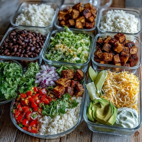 This hearty Meal Prep Burrito Bowl Base features vibrant sautéed vegetables, seasoned ground beef, shredded cheese, and a dollop of sour cream in a glass container.