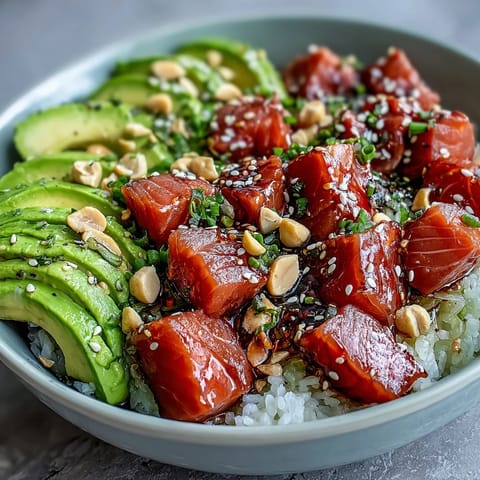 A vibrant homemade Avocado Salmon Bowl features flaky marinated salmon and creamy avocado slices over warm sushi rice.