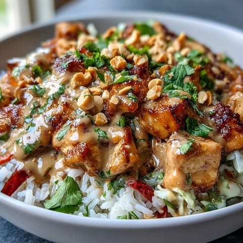Fragrant coconut rice and sautéed chicken are topped with crisp veggies and creamy peanut sauce in this vibrant bowl.