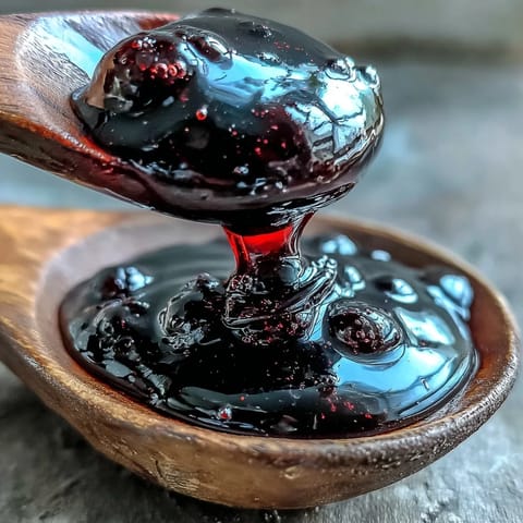 A glass bottle filled with homemade Black Currant Syrup, its deep purple hue glistening against a rustic wooden table. Fresh black currants and a small pitcher surround the bottle, highlighting the condiment's natural, tangy-sweet flavor perfect for cocktails or desserts.
