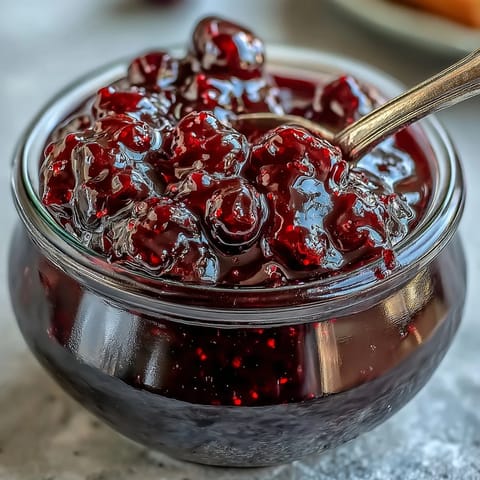 A spoon lifts a jewel-toned dollop of Black Currant Jelly from a jar, dripping with sweet, intense fruit flavor.