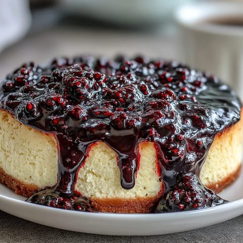 Freshly cooked Black Currant Sauce with visible berry bits, poured over a slice of classic New York cheesecake.