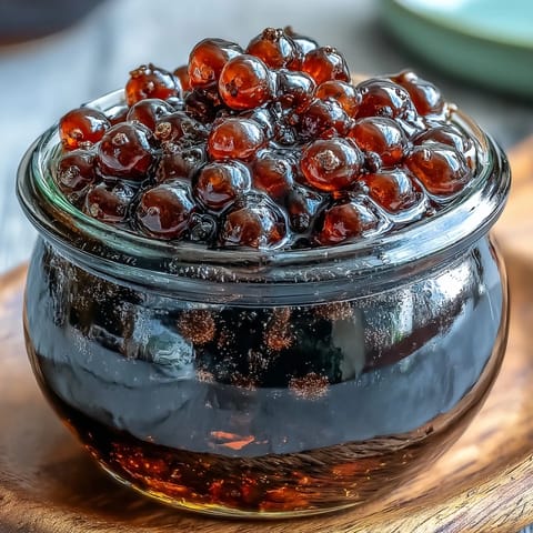 A chilled glass of Easy Blackcurrant Liqueur, deep purple and glossy, garnished with fresh blackcurrants and a lemon twist on a rustic table.