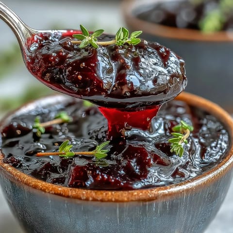 Shiny Black Currant Glaze coats roasted pork, adding a tangy-sweet, sticky finish with fresh thyme and balsamic notes.