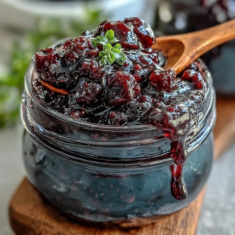 A jar of vibrant Homemade Black Currant Jam, glistening with a deep purple hue, sits beside a scone spread with the rich preserve.