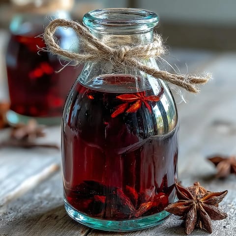 Amber-hued Homemade Spiced Blackcurrant Vodka Liqueur in a glass bottle, beside fresh berries and cinnamon sticks on a rustic wooden table.