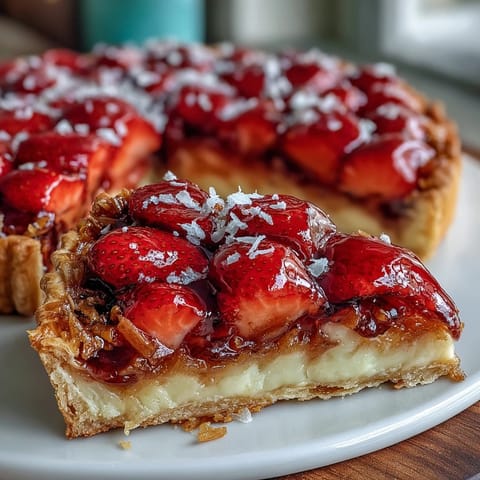 Rustic strawberry galette with frangipane filling, golden crust folded over juicy fresh berries.  