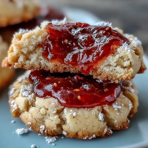 Fresh strawberry jam thumbprint cookies with golden edges and bright red jam centers, perfect for spring gatherings.