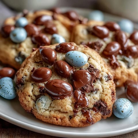 1. Cadbury Mini Egg Easter Chocolate Chip Cookies with colorful candy eggs and gooey chocolate chips, perfect for spring baking.