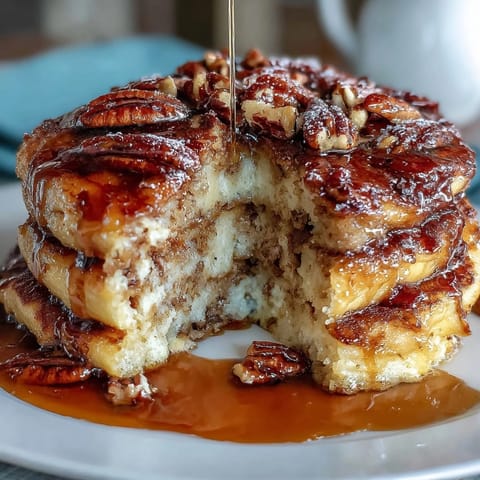 Fluffy baked pancake casserole with golden edges, drizzled in warm maple syrup for a comforting breakfast treat.