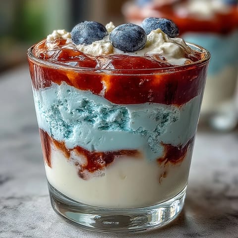Vibrant red, white, and blue Jello cups with creamy white layer, perfect for patriotic celebrations or summer picnics.  