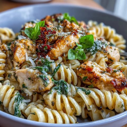 Creamy lemon orzo with tender chicken and fresh spinach in a skillet, garnished with Parmesan and parsley.  