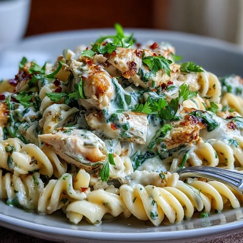 Bright and zesty lemon orzo pasta with juicy chicken, wilted spinach, and a touch of chili flakes for warmth.  