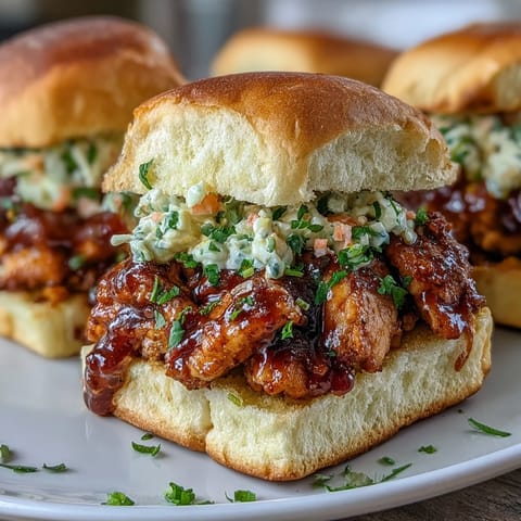 Juicy BBQ chicken sliders topped with tangy coleslaw, served on soft slider buns for a festive 4th of July meal.  