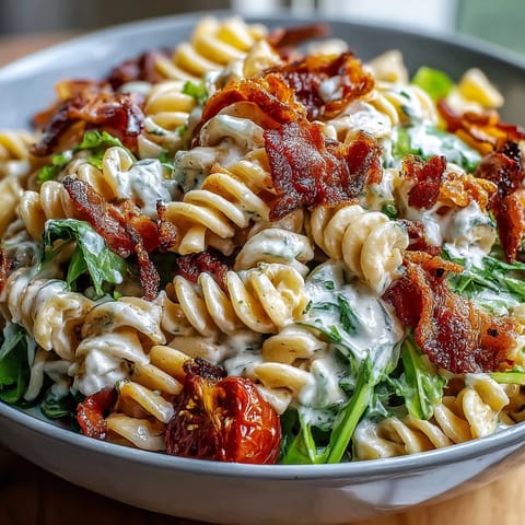 Creamy BLT pasta salad with crispy bacon, ripe avocado, and fresh cherry tomatoes, tossed in a zesty lemon dressing.