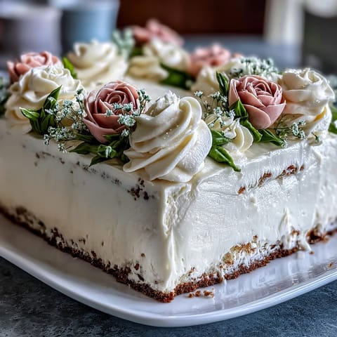 Simple First Communion Sheet Cake with Buttercream Flowers on a white cake stand, decorated with delicate pastel piped flowers and soft green leaves, perfect for a spring celebration.