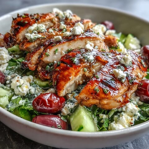 Greek Salad Bowl with Grilled Chicken, a colorful and healthy dish topped with juicy marinated chicken breast and creamy feta.  