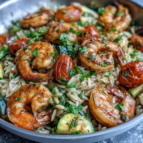 Creamy lemon butter shrimp and orzo skillet with juicy shrimp, tender orzo, and fresh zucchini in a vibrant, zesty sauce.