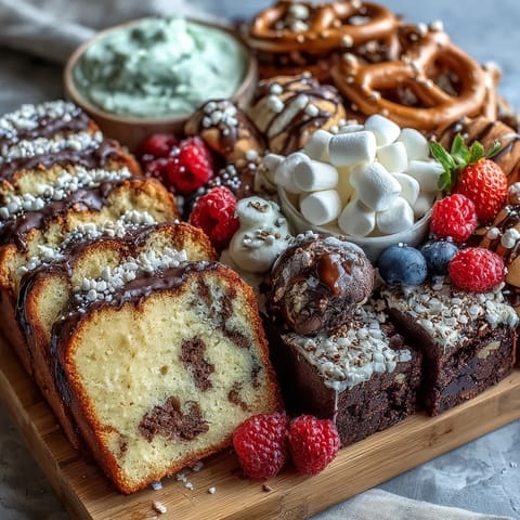 A festive grad party dessert board piled high with colorful cake slices, cookies, and brownie bites for easy sharing.